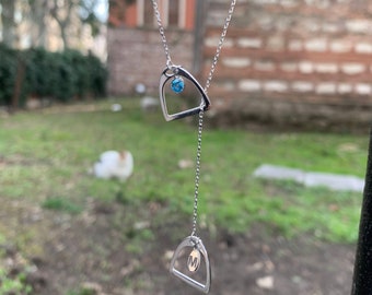 Collier double étrier argent personnalisé, collier étrier pierre de naissance, collier double étrier argent, collier cheval, cadeaux cheval pour une fille