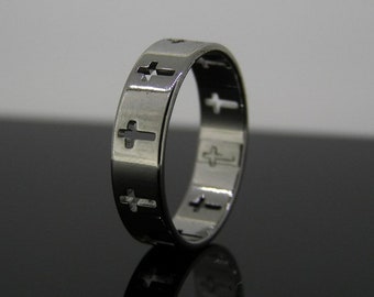 Cross Ring | Mens Minimal Band Ring | Silver Religious Christian Cross Band Ring | Mens Silver Band Ring