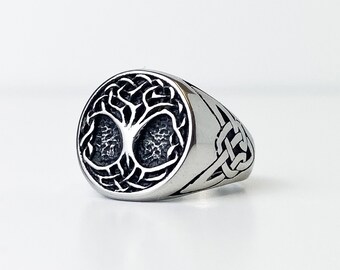 Tree Of Life Celtic Signet Ring, Silver Trinity Knot Signet Ring, Tree of Life Signet Ring, Tree Of Life Ring