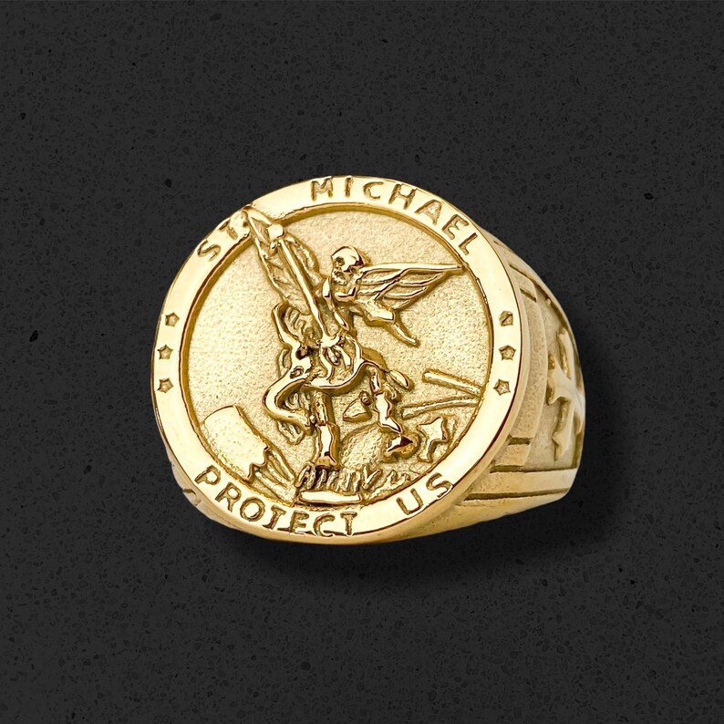 Mens Gold St Michael Ring Sovereign Gold Ring Etsy