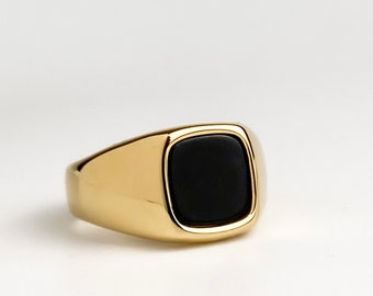 Mens Gold Signet Ring, 18K Gold Plated Onyx Ring -Man Ring- Men Ring- Gold Signet Ring- Men Onyx Signet- Signet Ring, Stainless Steel Ring