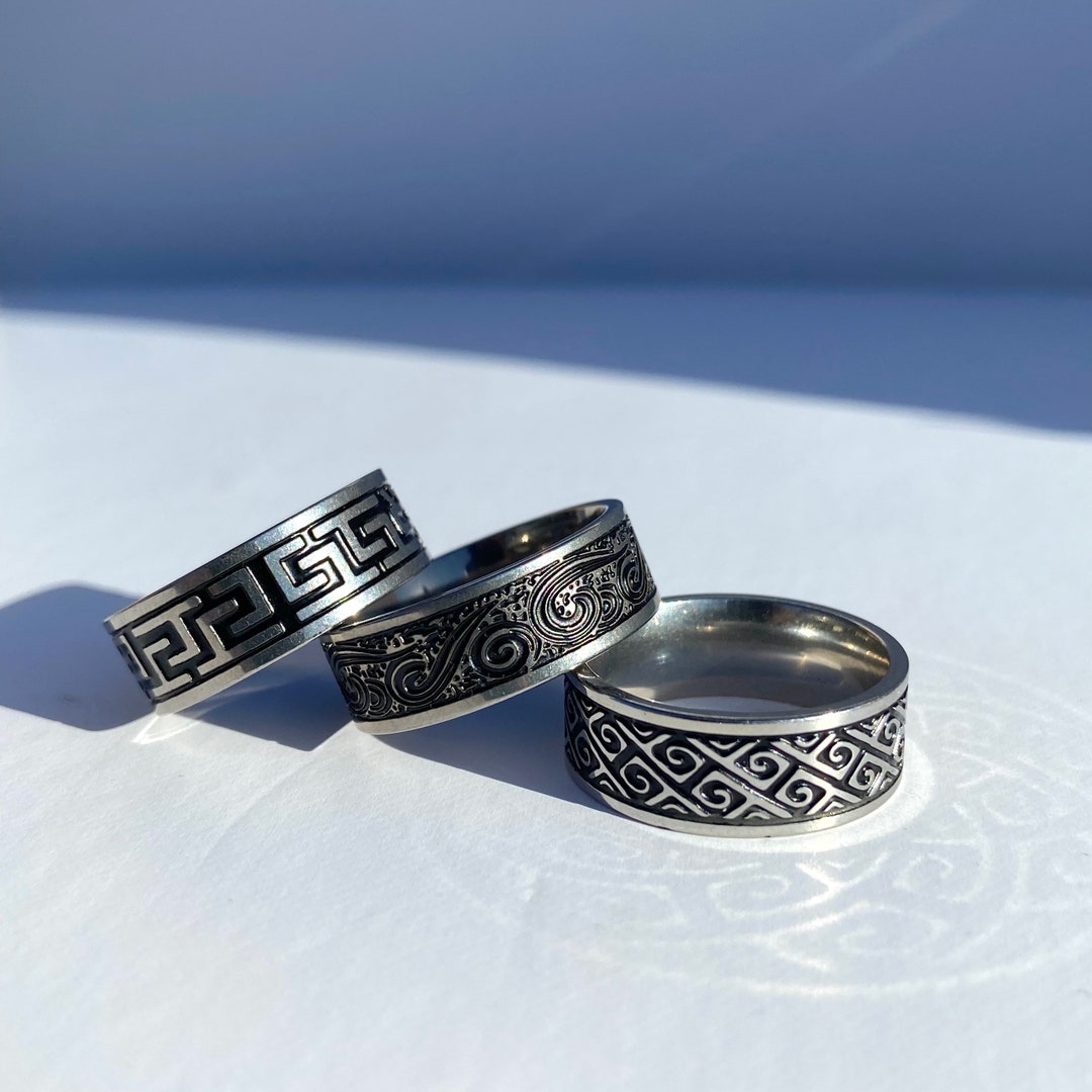 Ring for Men, Engraved Mens Rings, Wave Ring, Geometric Band Ring for