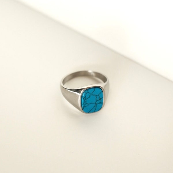 Turquoise Stone Signet Ring For Men, Unisex Large Signet Ring, Ring For Him