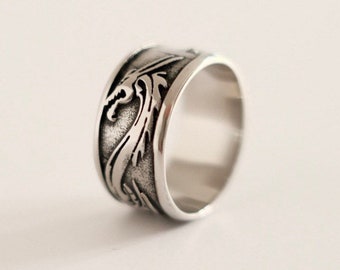 Dragon Ring - Mens Silver Dragon Style Engraved Band Ring For Men, Punk Animal Ring For Him