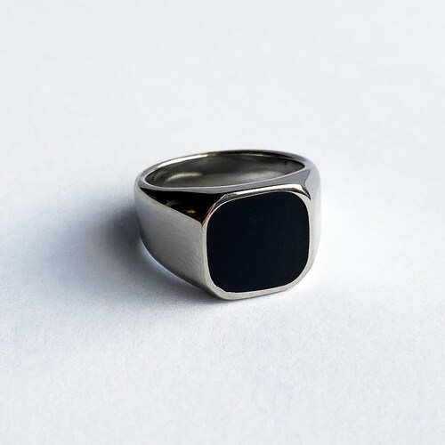 Men's Black Onyx Square Signet Ring – Stainless Steel, Biker Style, Pinky Ring, Sizes 8-13 (Nickel-Free)