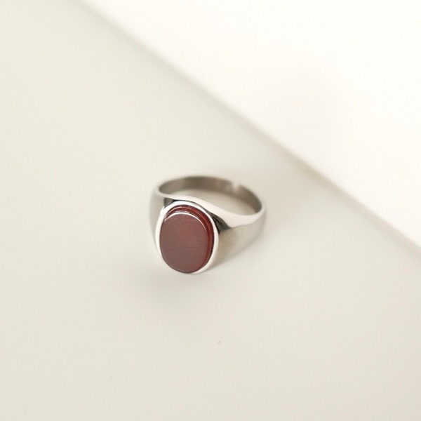 Oval Stone Signet Ring, Carnelian Stone Ring, Silver Faux Stone Unisex Ring, Ring For Him