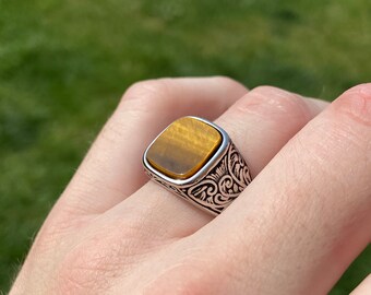 Anillo de ojo de tigre, anillo de piedra de ojo de tigre de oro, anillo de piedra vintage floral de sello para hombres