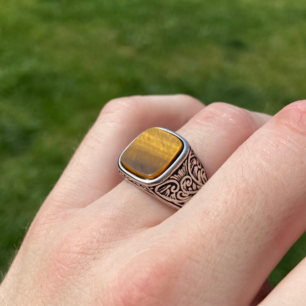 Tigers Eye Ring, Gold Tigers Eye Stone Ring, Signet Floral Vintage Stone Ring For Men
