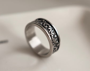 Engraved Band Ring, Vintage Style Silver Band Ring