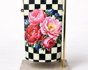 Ręcznik kuchenny w kratkę z kwiatowym wzorem – Czarno-biały ręcznik kuchenny – Ściereczka kuchenna w stylu rustykalnym – Dekoracyjna dekoracja kuchni – Prezent na parapetówkę