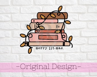 May include: A stack of five books with a vine of leaves and berries wrapped around them. The books are in shades of pink, brown, and orange. The text "merry lit-mas." is written below the books.