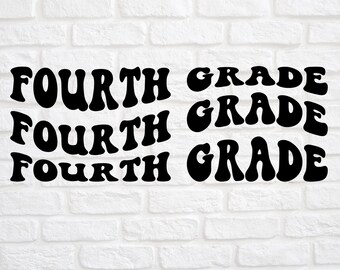 May include: Black text on a white brick background reads "FOURTH GRADE" three times. Above the text is a pink banner with the letters "TA" in a circle. The banner also includes the text "SVG | DXF | EPS | PNG" and "The perfect blend of digital cut files."