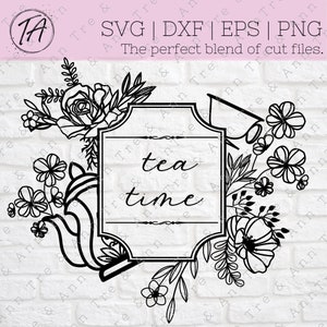 May include: Black and white digital design featuring a teapot, flowers, and a sign that reads "tea time".