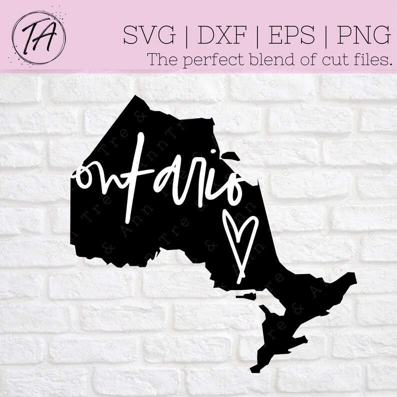 Op de afbeelding: Een zwart silhouet van de Canadese provincie Ontario met het woord "ontario" in witte cursieve letters en een wit hart.