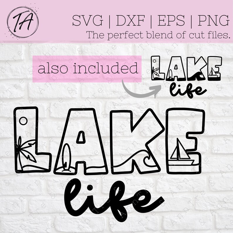 May include: Black and white digital design featuring the text "LAKE life" with illustrations of a palm tree, surfboard, waves, and a sailboat.