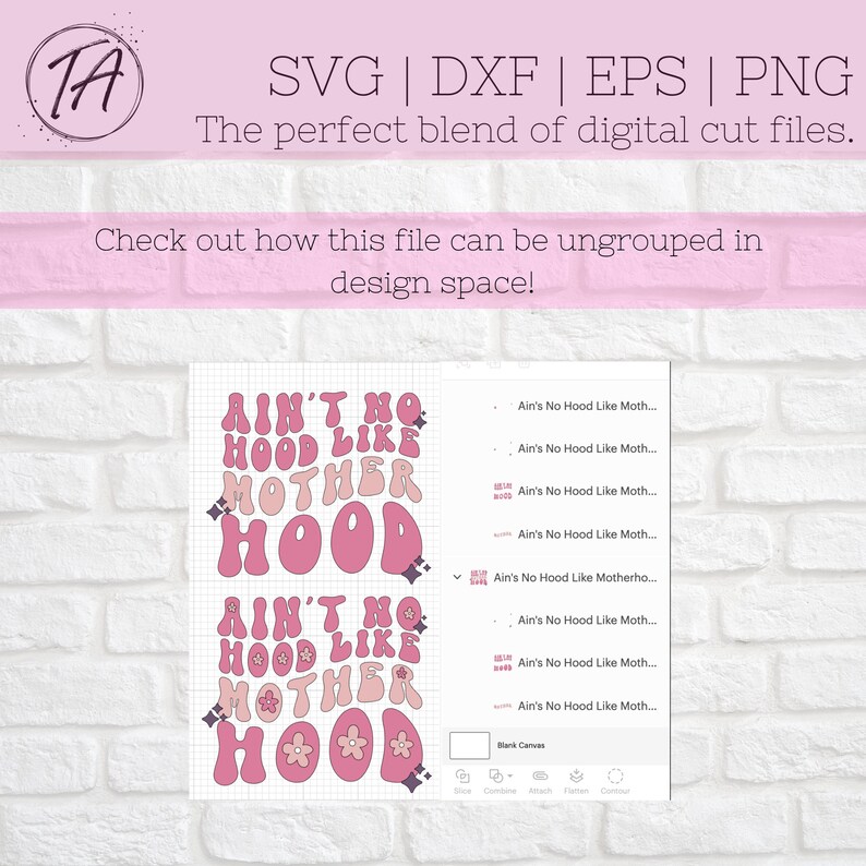 May include: A pink and white design for a digital cut file that says "Ain't no hood like mother hood". The design is in a retro style with rounded letters and flowers.
