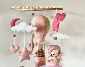 Baby Mobile Ballerina,Krippenmobile,Wolken,Handgemacht,Filz,Kinderzimmer,Rosa,weiß,Geschenk,BabyShower,Babyzimmer,Taufe,Filzmobile