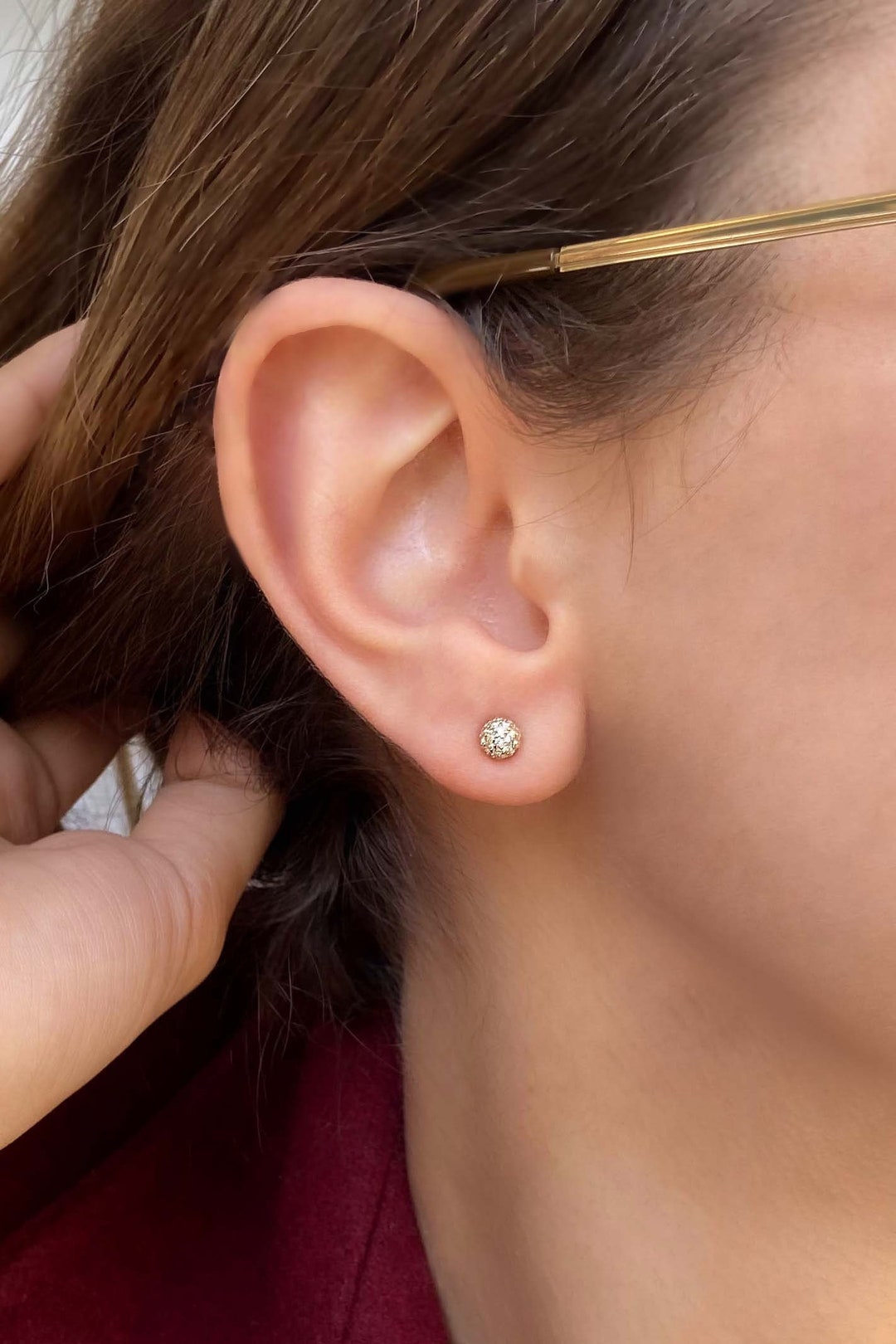 14k Pave Ball Stud Earrings, 585 K Glitter Ball Studs Earring, Disco