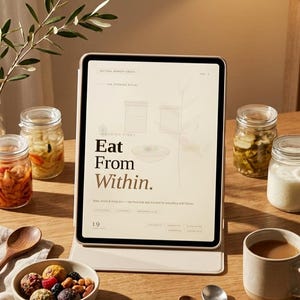 May include: A tablet in a beige case displaying a digital page with the text Eat From Within, surrounded by glass jars containing food, a small bowl of mixed nuts and berries, a ceramic mug, and two spoons on a wooden surface.