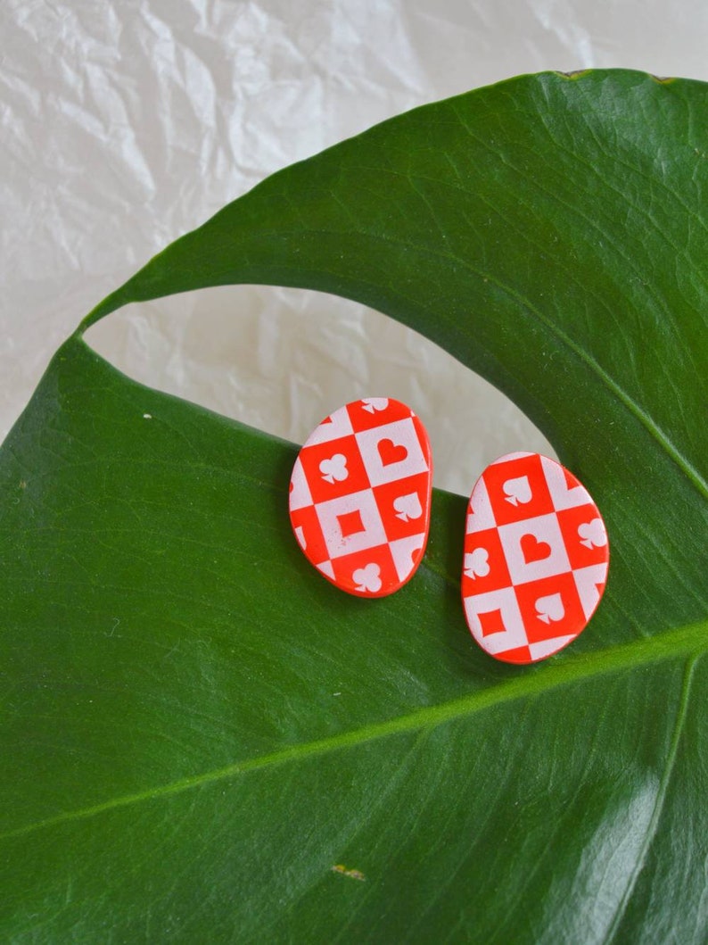Checkered Solitaire Card Design Earrings Pebble