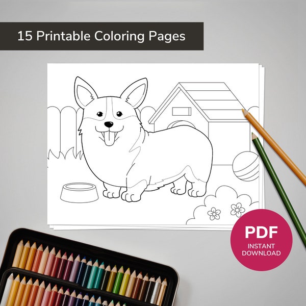 15 honden kleurboek, puppy kleurplaten, afdrukbare kunst voor kinderen, jongens, meisjes, tieners, puppy verjaardagsfeestje activiteit - INSTANT DOWNLOAD