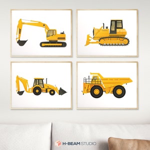 Construction Vehicles Set of 4 Prints, Excavator, Bulldozer, Backhoe, Dump Truck, Kids Room Art, Truck Printable Wall Art -INSTANT DOWNLOAD