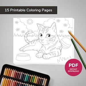 15 Cats Coloring Book, Kittens Coloring Pages, Printable Art for Kids, Boys, Girls, Teens, Kitten Birthday Party Activity - INSTANT DOWNLOAD