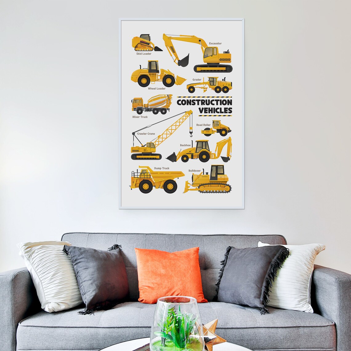 Construction Vehicles Wall Art, Excavator, Bulldozer, Backhoe, Dump