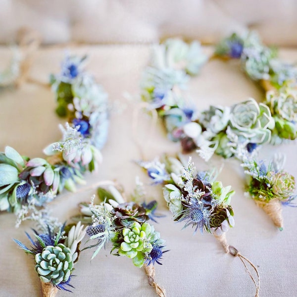 Boutonnière with Real Succulents and preserved flowers floral arrangement, Wedding, prom, and events