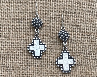 Sterling Silver Boho Chic Dangling Cross Earrings, Antique Replicas, French Hook Cross Earrings, Sterling Silver Christian Earrings, Artisan
