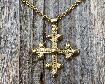 Gold Coptic Trinity Cross Pendant Necklace, Antique Replica, Large Christian Cross Pendant, Gold Statement Cross, Reproduction of 19th C
