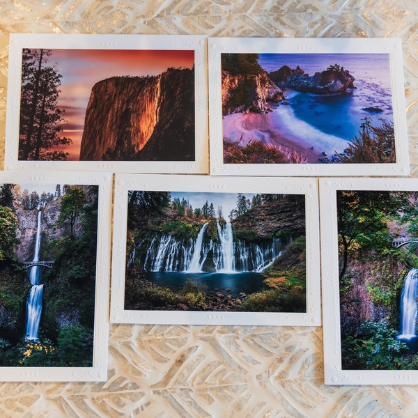 Set of 5 Photo cards, Waterfalls, Falls, Yosemite Horsetail, McWay, Burney, Multnomah, Photographs, 4x6  pictures Mounted on 5x7 Blank cards