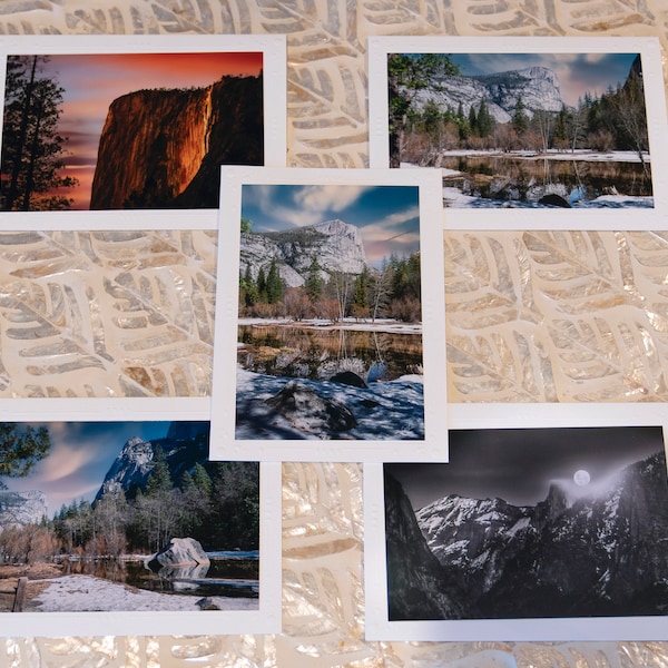 Yosemite Valley Photographs, Set of 5 4x6 Photos Mounted on 5x7 Blank Greeting Cards, Photo cards, Frameable, Firefall, Mirror Lake, Dome