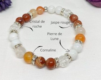 Bracelet fertilité, pierre de lune, cornaline, Jaspe rouge ,Cristal de roche, bijoux FIV , PMA, lithothérapie fertilité, perle 8mm, in vitro