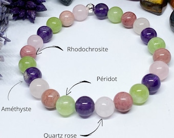 Natural Stone Bracelet – Amethyst, Rose Quartz, Peridot, Rhodochrosite – Confidence & Serenity – Lithotherapy – Mother’s Day Gift
