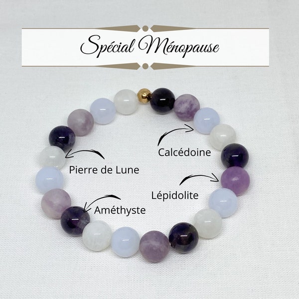 Bracelet ménopause, Améthyste, Calcédoine , Pierre de lune, Lépidolite , bouffée de chaleur, cristaux de guérison, cadeau saint valentin