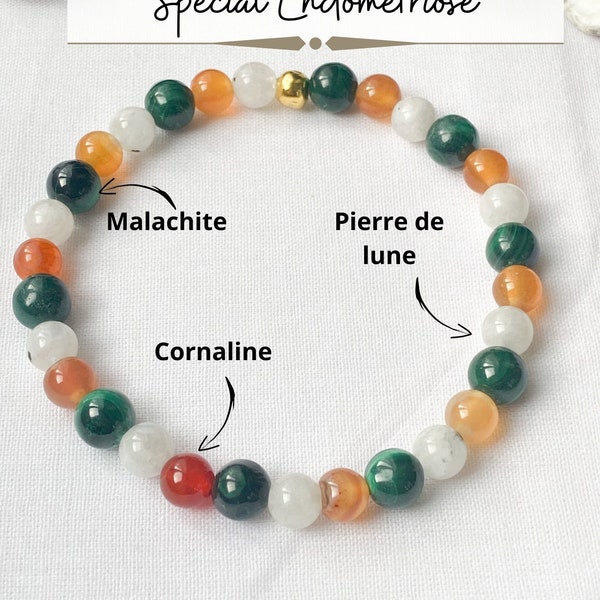 Bracelet endométriose , pierre de lune, cornaline, Malachite, endométriose, cristaux guérison, perle 6mm, cadeau saint valentin, énergie