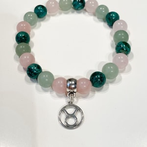 Bracelet zodiaque taureau, Chrysocolle, Aventurine, Quartz rose, Rhodonite, astrologie Taureau, bracelet signeastrologie, signe astro