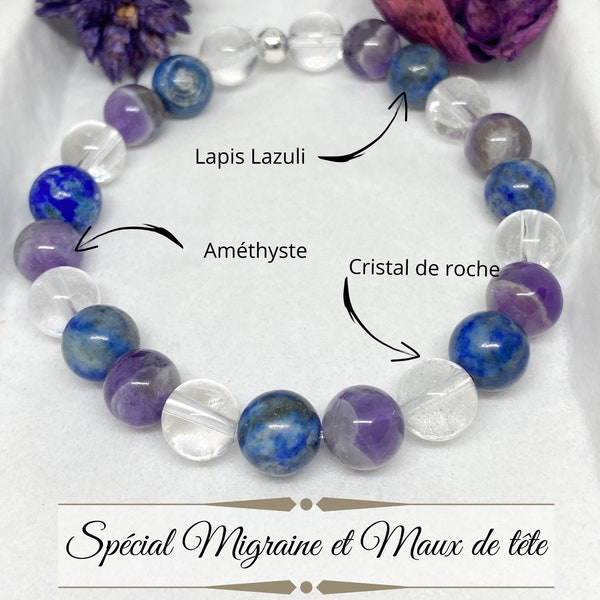 Bracelet migraine et maux de tête, Améthyste, Lapis Lazuli, Cristal de Roche , bijoux lithothérapie, bracelet guérison, perle 8mm, pierre