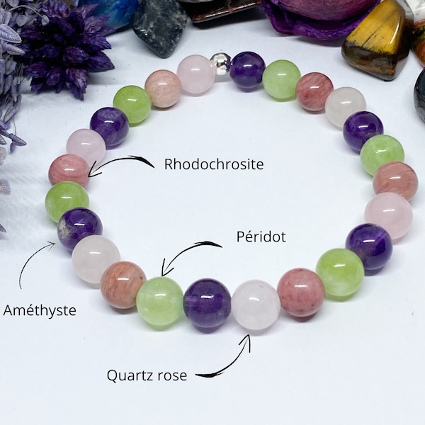 Bracelet pierres naturelles - Améthyste - Quartz rose - Péridot - Rhodochrosite -Confiance et Sérénité -lithothérapie -cadeau fête des mères