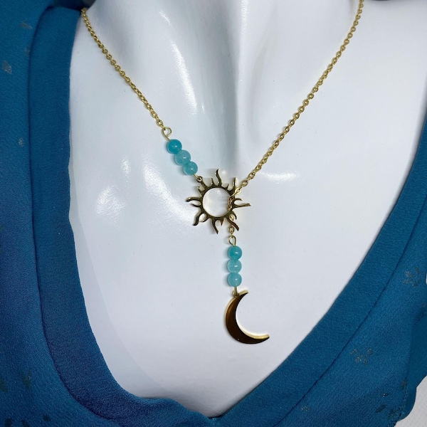 Collier pierre naturelle, Amazonite, Acier inoxydable doré, Lune, soleil , maitresse , bleu, cadeau d'anniversaire, perle 6mm, fait main