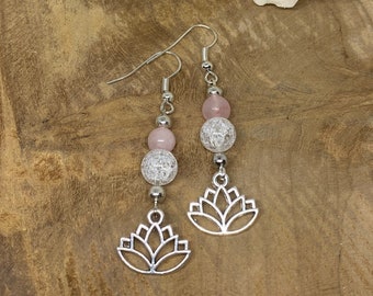 Boucles d'oreilles pierres naturelles, lithothérapie, Cristal de Roche, Quartz rose, pendantes, cadeau pour maman, Lotus, argentée