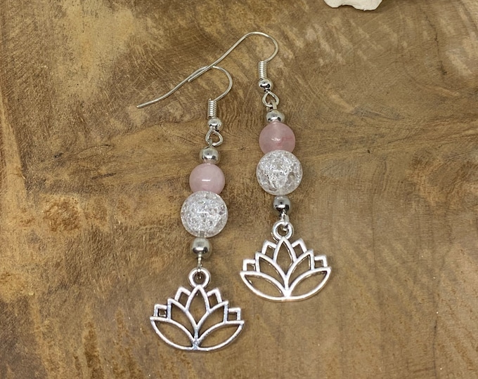Natural stones earrings, lithotherapy, Rock crystal, Rose quartz, dangling, Stainless steel, Lotus, silver plated