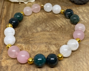 Bracciale in pietra naturale, quarzo rosa, agata muschiata, pietra di luna, regola dolorosa, festa della mamma, gioielli personalizzati, perline da 8 mm