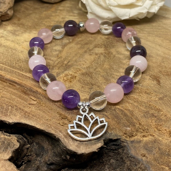 Natural stones bracelet - Amethyst - Pink quartz - Rock crystal - Confidence and Serenity - personalized - lithotherapy - pearl