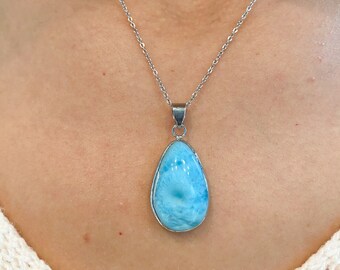 Bijou Larimar, Collier Larimar, Pierre naturelle, Larimar pendentif, collier unique, acier inoxydable, cadeau de Noel femme