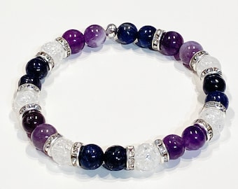 Headache & Migraine Bracelet – Amethyst, Lapis Lazuli, Rock Crystal, Lithotherapy Jewelry, Healing Bracelet, 8mm Beads, Natural Stone