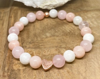Bracelet en perle, Pierre naturelle, pierre de lune, pierre de soleil, quartz rose, Bijoux féminin, Bracelet douceur, lithothérapie, mariage