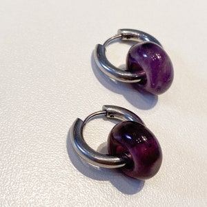 Stainless steel hoop earrings, amethyst, natural stone, pearl hoop earrings, silver hoop earrings, fine stone, birthday gift, minimalist
