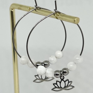 Pearl hoop earrings, silver stainless steel, natural stone, moonstone, thin hoop earrings, natural stone earrings, healing